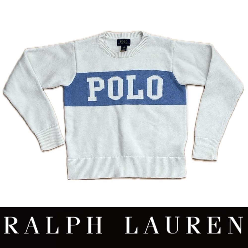 🏇M (8-10) Unisex White & Blue Logo Sweater by Polo by Ralph Lauren / Blue Label